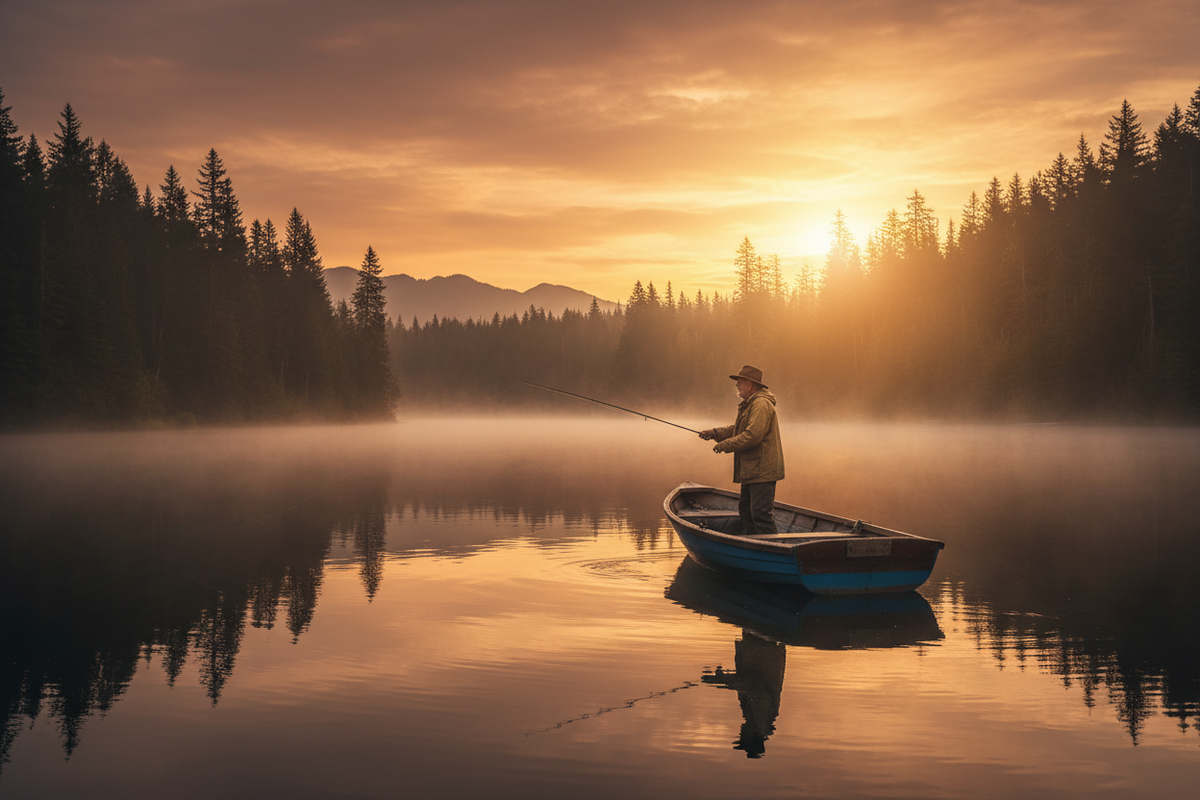 A fisherman in a boat on a calm lake at sunrise