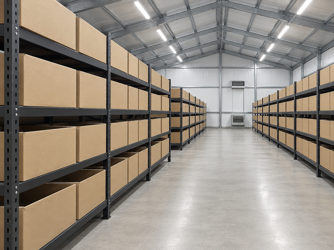 Rows of cricket rearing bins inside a cricket warehouse